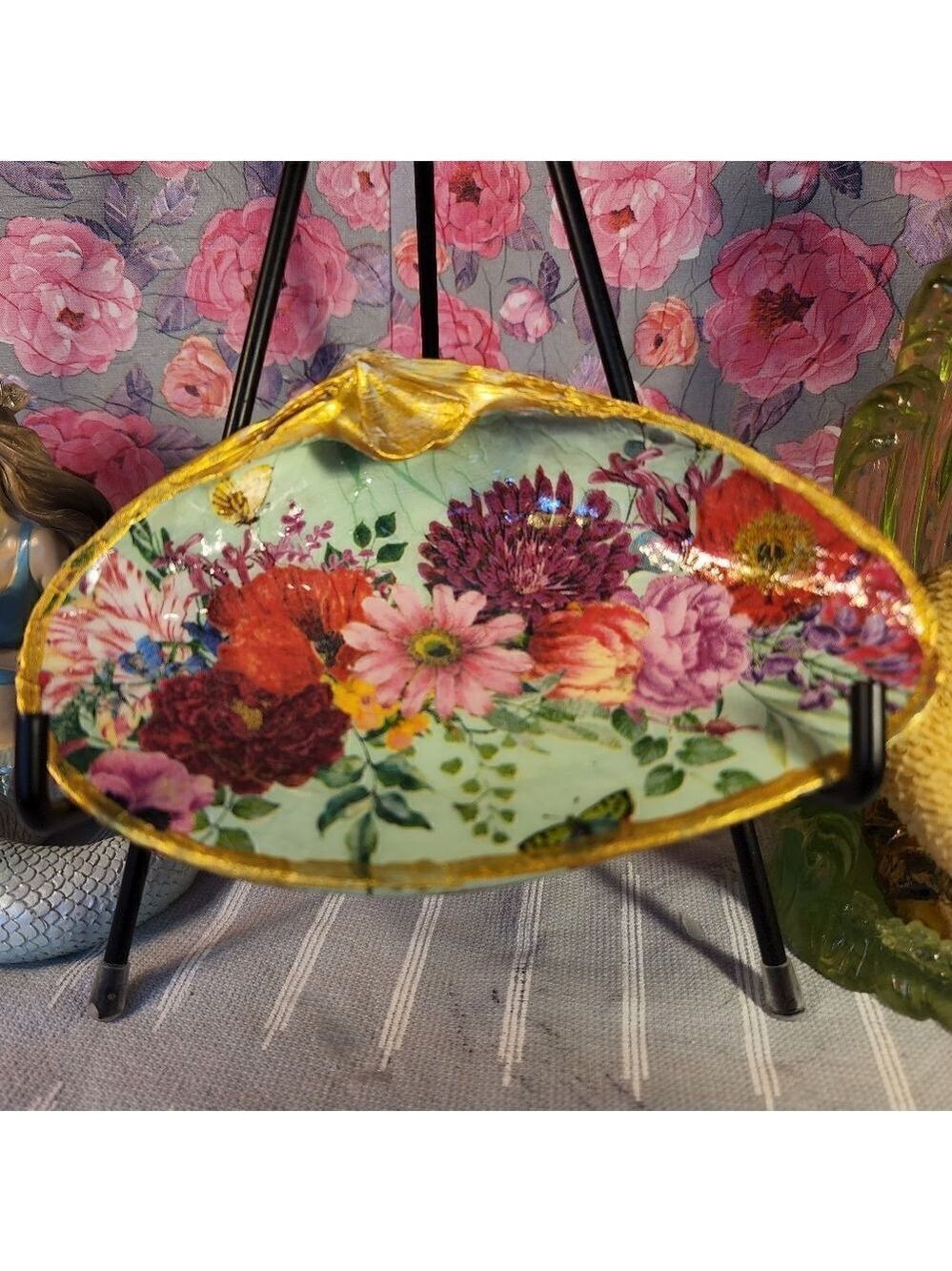 DECOUPAGE CLAM SHELL DECOUPAGE FLOWERS TRINKET DISH